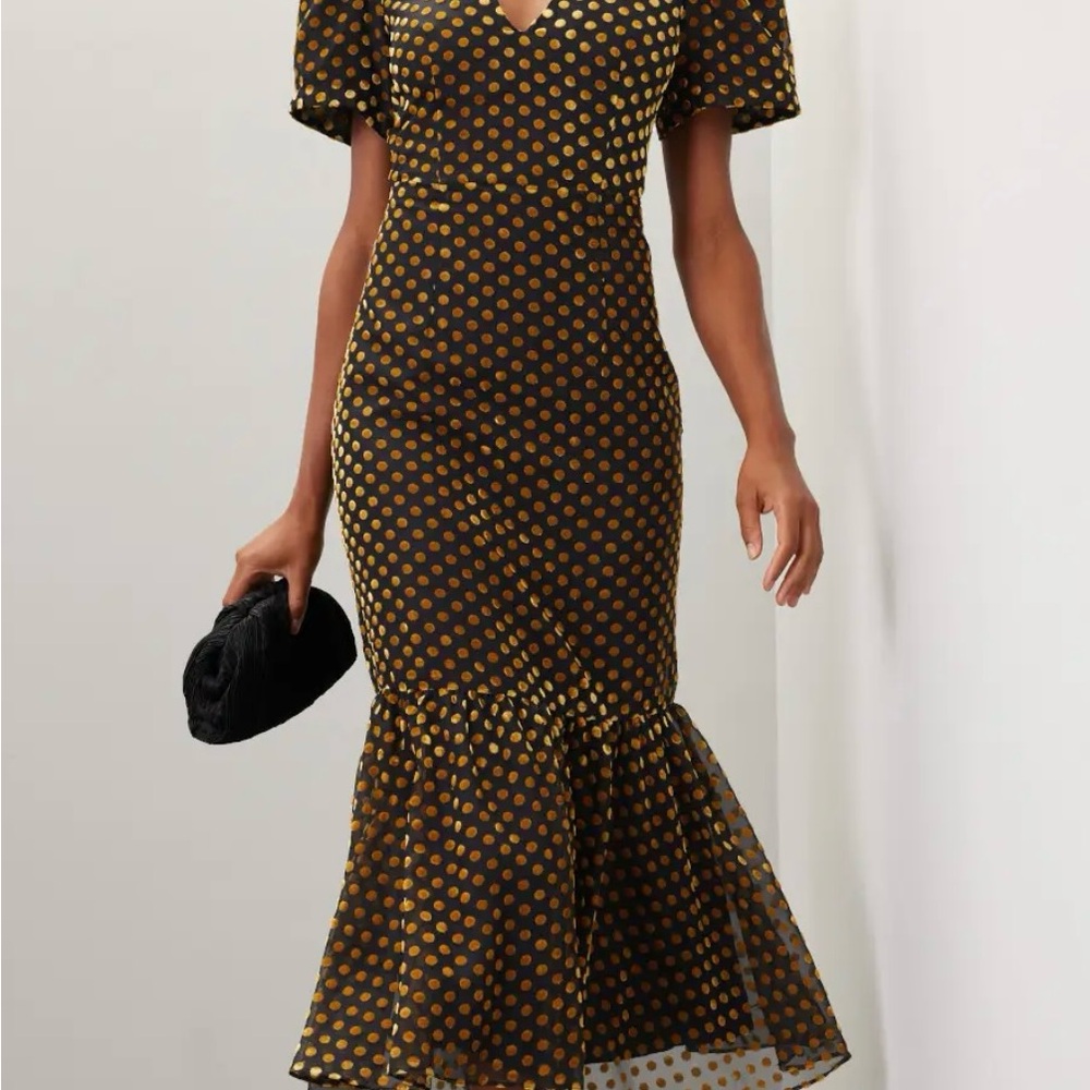 RHODE Black and Gold Sheath Dress with Puff Sleeves